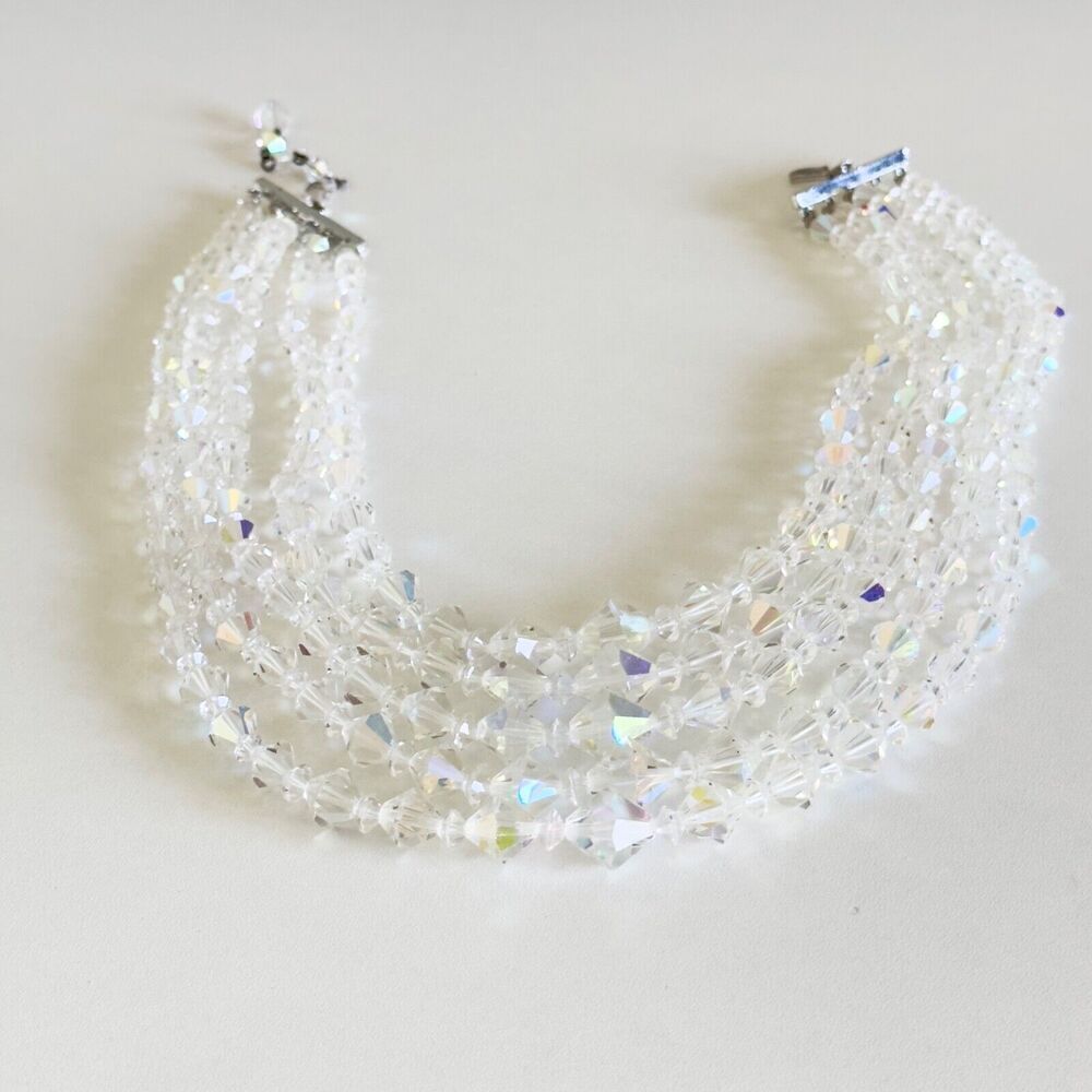 Vintage Clear Aurora Borealis AB Crystal Graduated 5 Row Multi Strand Necklace - Picture 10 of 10